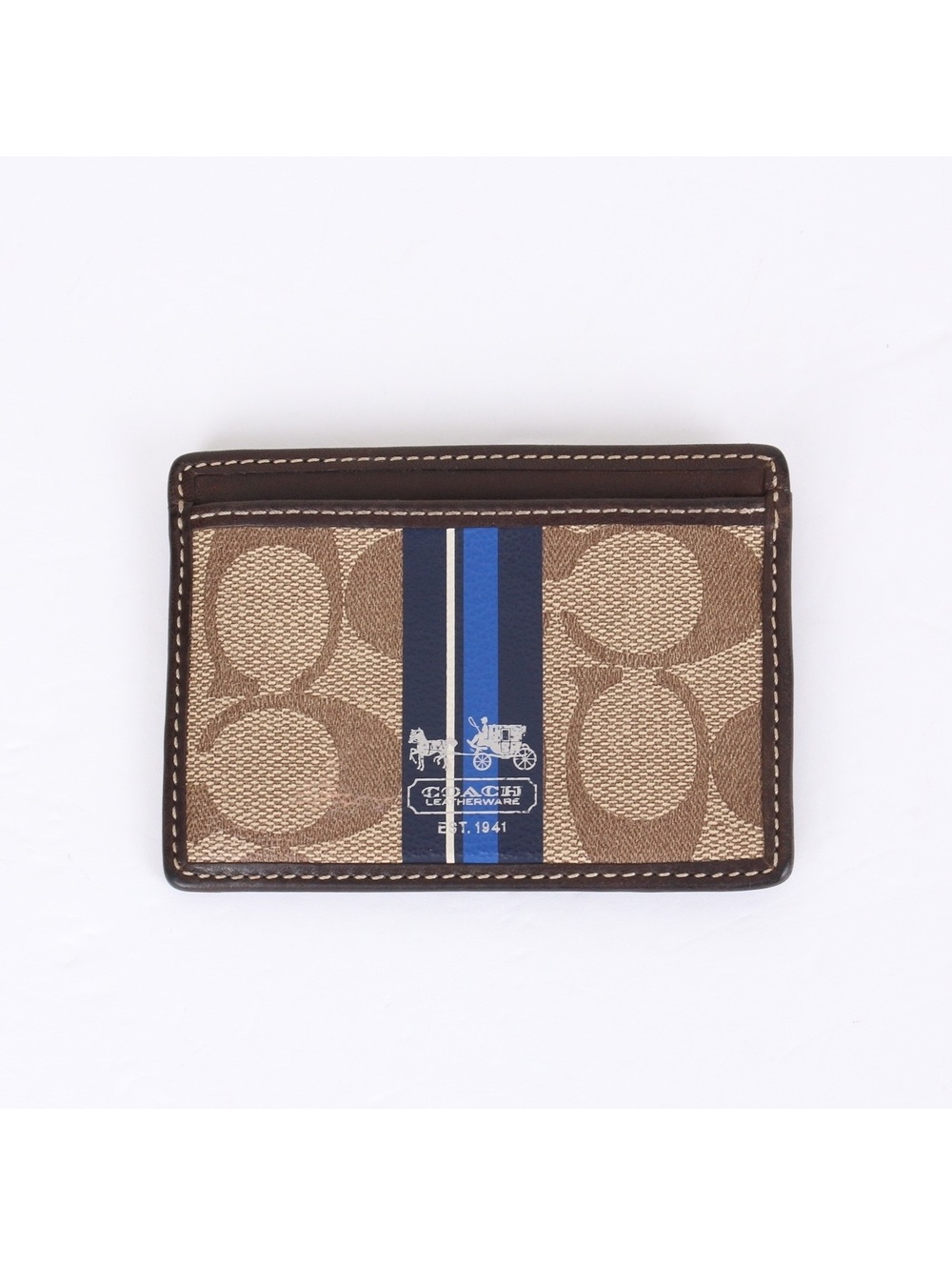 Coach Heritage Stripe Flat Card Case Wallet Khaki Mahogany #F43554